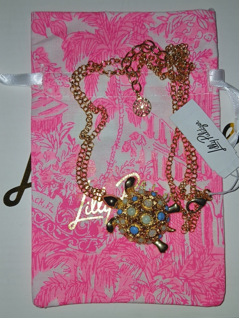 Lilly Pulitzer Gold Turtle Pendant Necklace with Blue and Opal Stones
